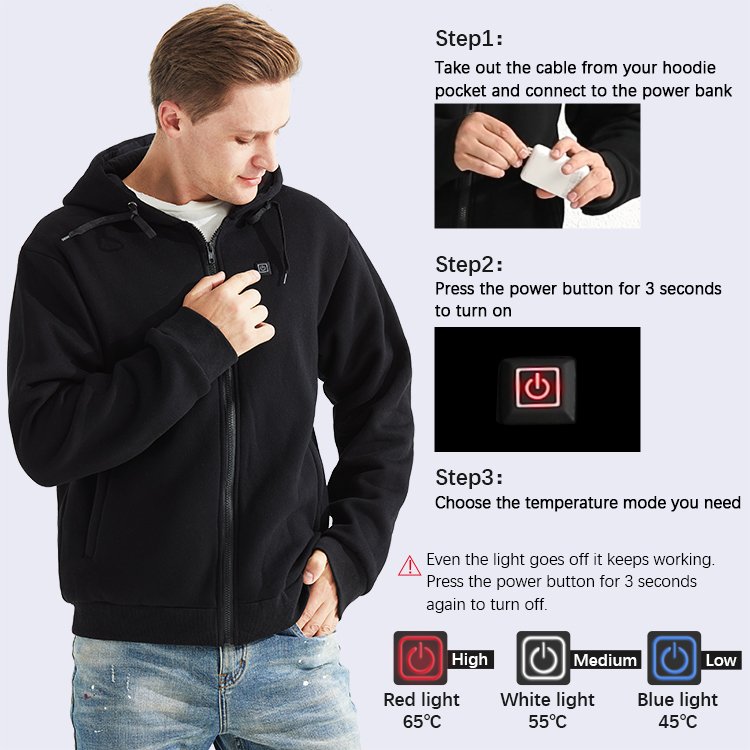 Unisex Full Zip Up Black Hoodies Sweatshirts No Custom Logo Heated Hooded Jacket for Mens and Women