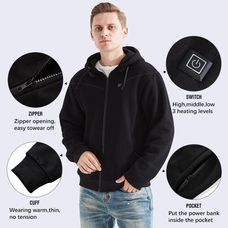 Unisex Full Zip Up Black Hoodies Sweatshirts No Custom Logo Heated Hooded Jacket for Mens and Women