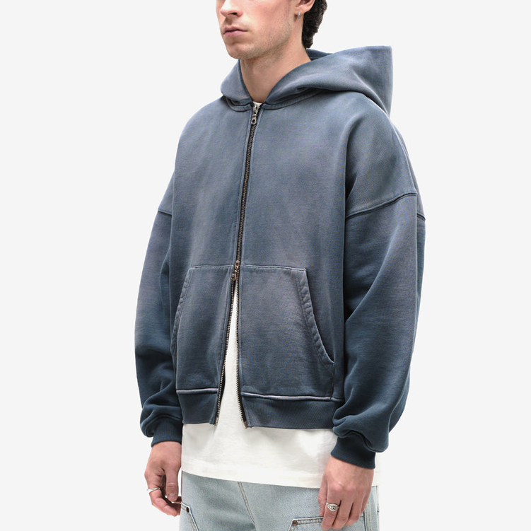 Streetwear Knitted Full Zip Up Vintage Double Zipper Acid Wash Distressed Pockets Pullover Sun Fade Hoodies For Men