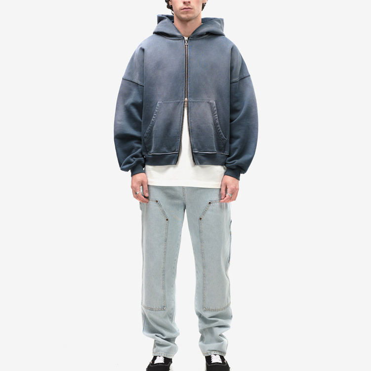 Streetwear Knitted Full Zip Up Vintage Double Zipper Acid Wash Distressed Pockets Pullover Sun Fade Hoodies For Men