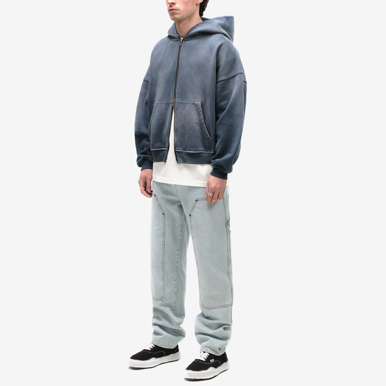 Streetwear Knitted Full Zip Up Vintage Double Zipper Acid Wash Distressed Pockets Pullover Sun Fade Hoodies For Men