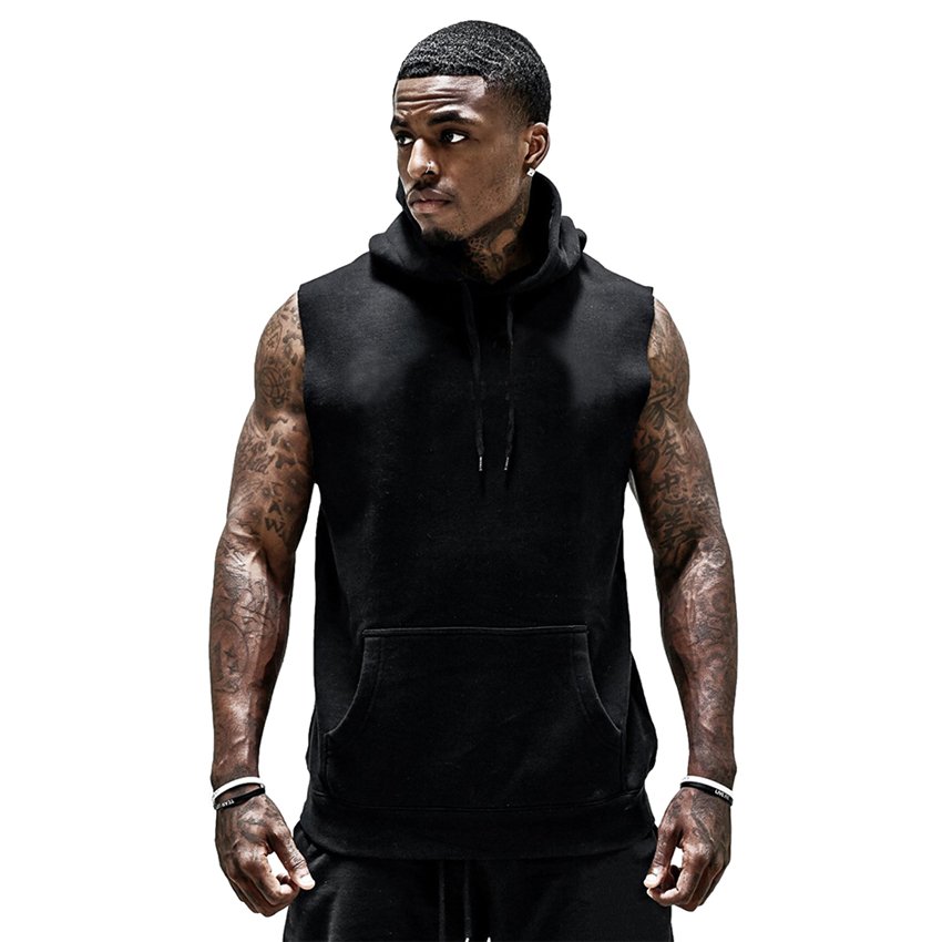 Men Gym Running Tops Sleeveless Plain hoodie custom Logo Printing Men's Hoodies With Front Two Pockets