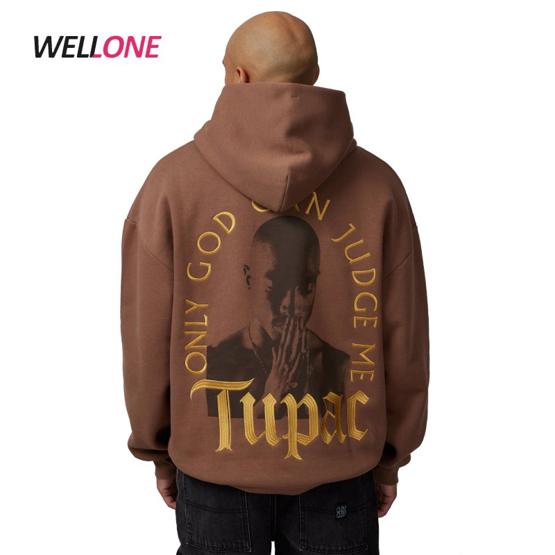 Custom Brown Printing Flat Embroidery Pullover Rapper Hiphop Graphic Logo Blend Material Men's Hoodies Sweatshirts