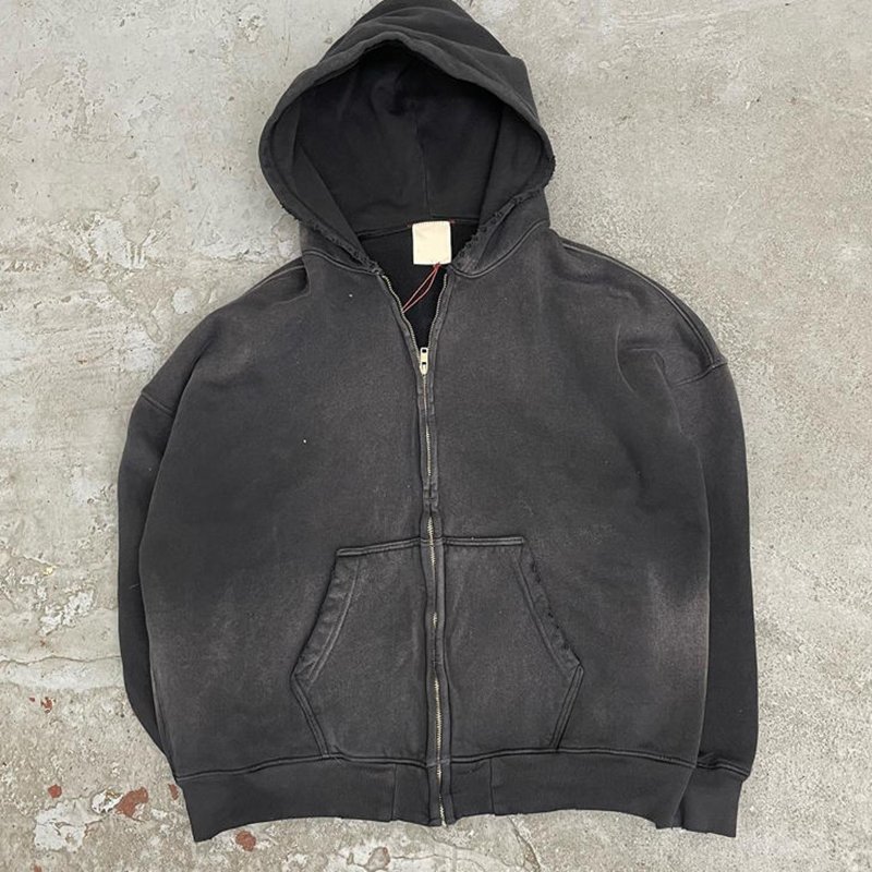 YSJY Custom Acid Washed Zip up Hoodies Vintage Streetwear Casual Men's Sweatshirts Hoodie