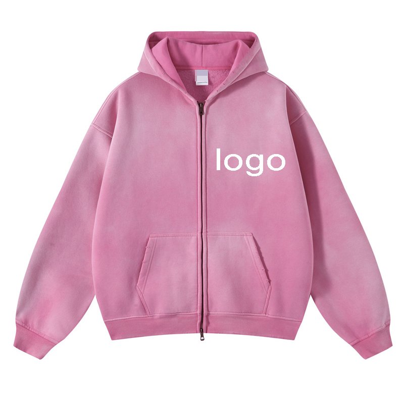 Vintage distressed acid washed hoodies oversized thickened spray dye hoodies custom cotton men's hoodies with double zipper