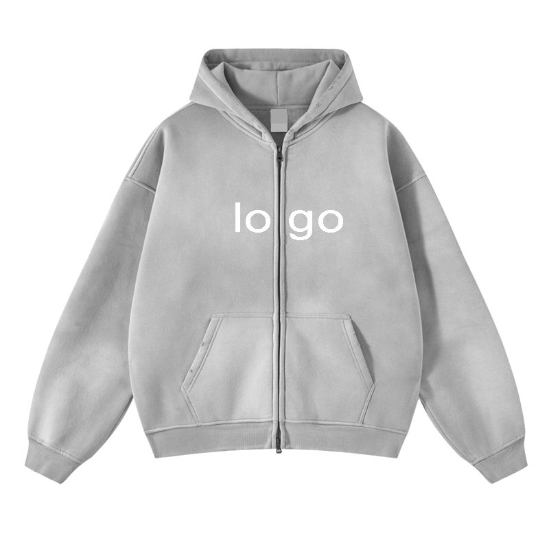 Vintage distressed acid washed hoodies oversized thickened spray dye hoodies custom cotton men's hoodies with double zipper