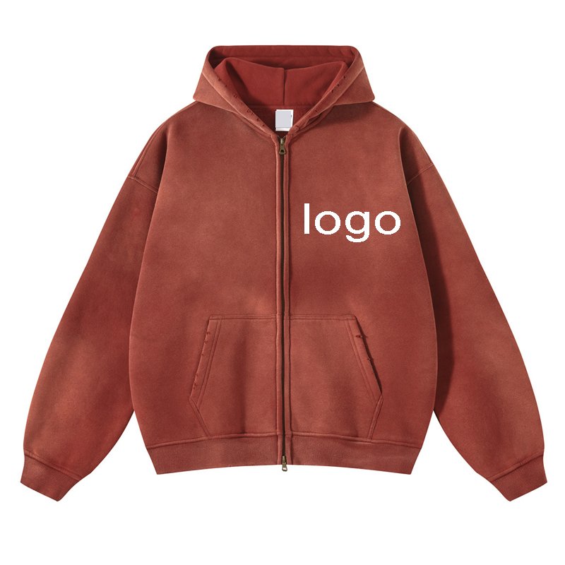 Vintage distressed acid washed hoodies oversized thickened spray dye hoodies custom cotton men's hoodies with double zipper