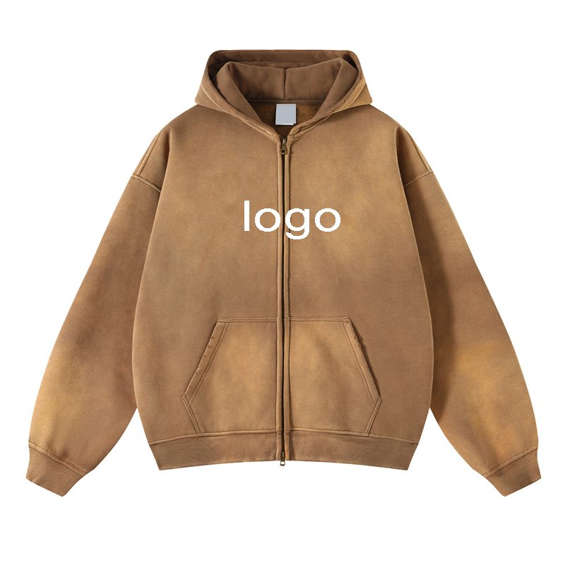 Vintage distressed acid washed hoodies oversized thickened spray dye hoodies custom cotton men's hoodies with double zipper