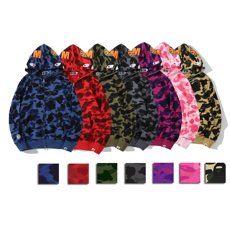 Men's Casual Bapees Shark Hoodie Full Zip Light Blue Pink Camouflage Cotton Sweatshirt Autumn Lined Hooded Hoodie for men