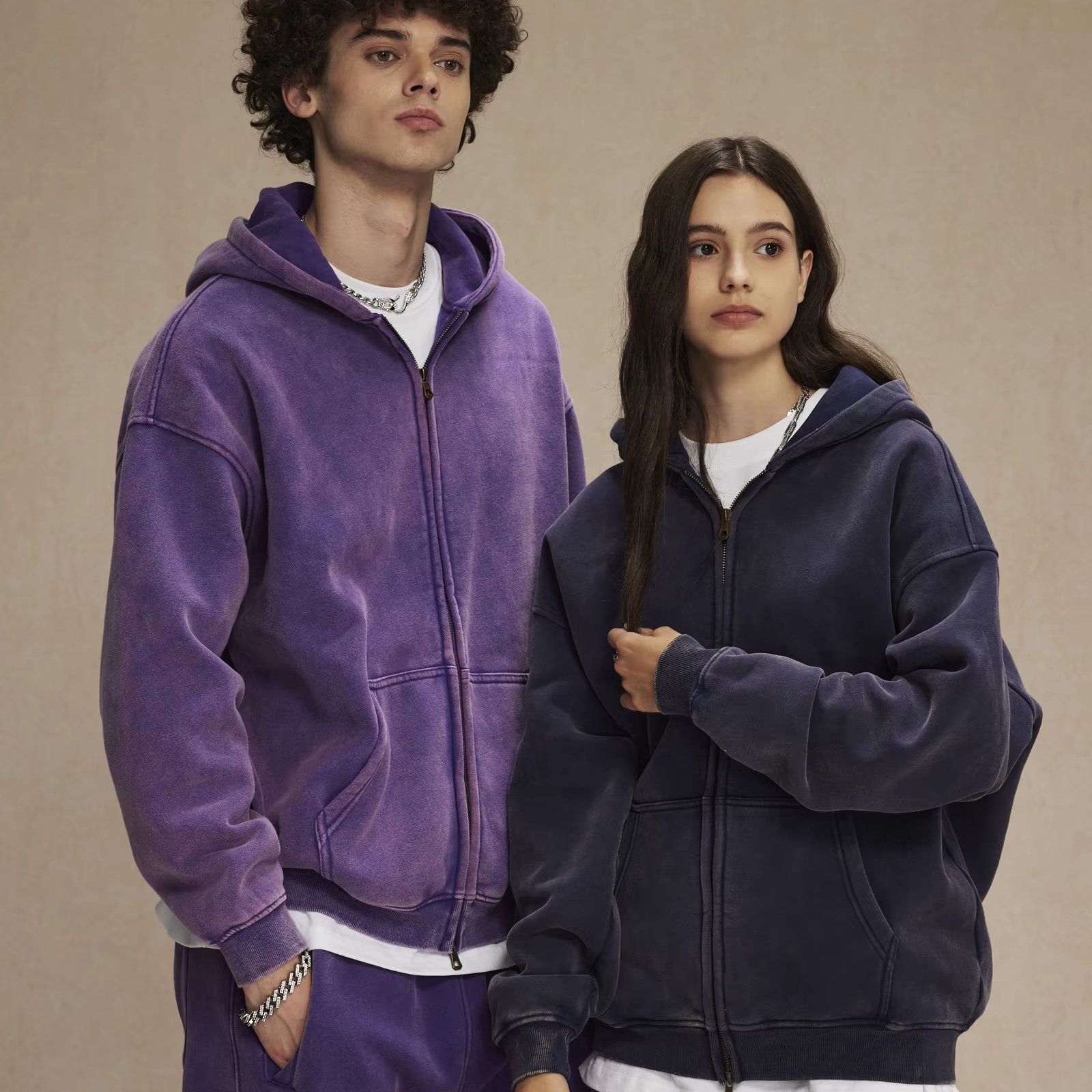 Wholesale Custom logo Blank oversized Vintage Fleece Zip Hoodie No drawstring Double Zipper Sun Faded Acid Wash Zip Up Hoodie