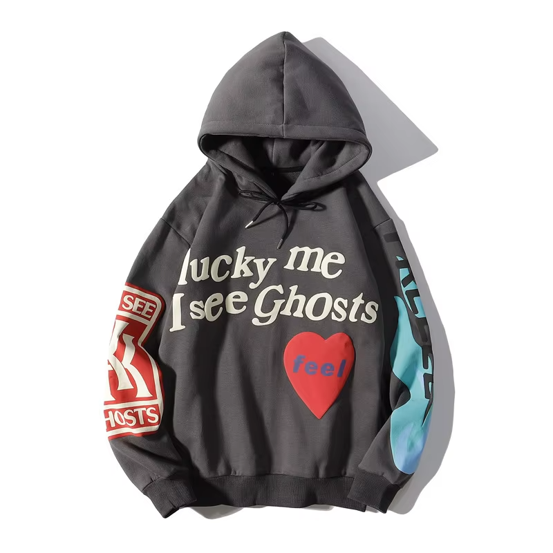 Kanye Grey Hoodie 100% Cotton Lettering Graffiti Custom Puff Sleeve Printed Hoodie Plus Size Men's Luxury Hoodie
