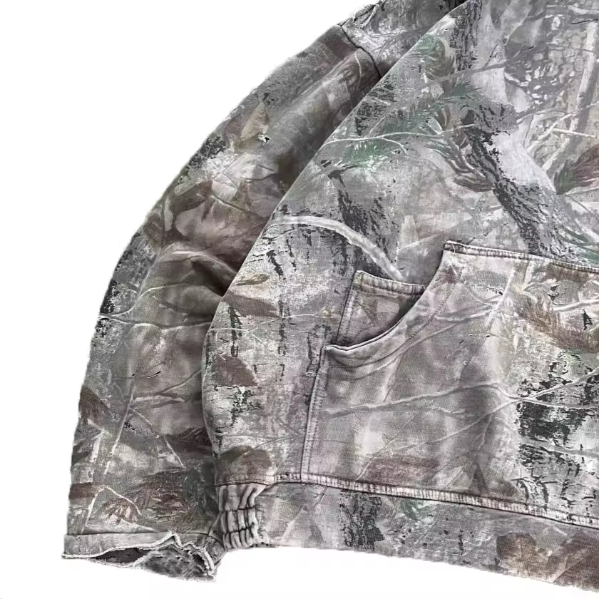 Custom Vintage Print Camouflage Men'S Hoodies 450 Gsm Pullover Sweatshirts Boxy Cotton Graphic Hunting Hoody Camo Hoodie For Men