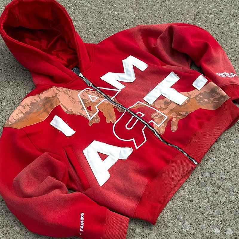 Custom Embroidered print Boxy Cropped 500gsm Heavyweight Distressed Acid Wash Zip Up Satin Lining Hoodie