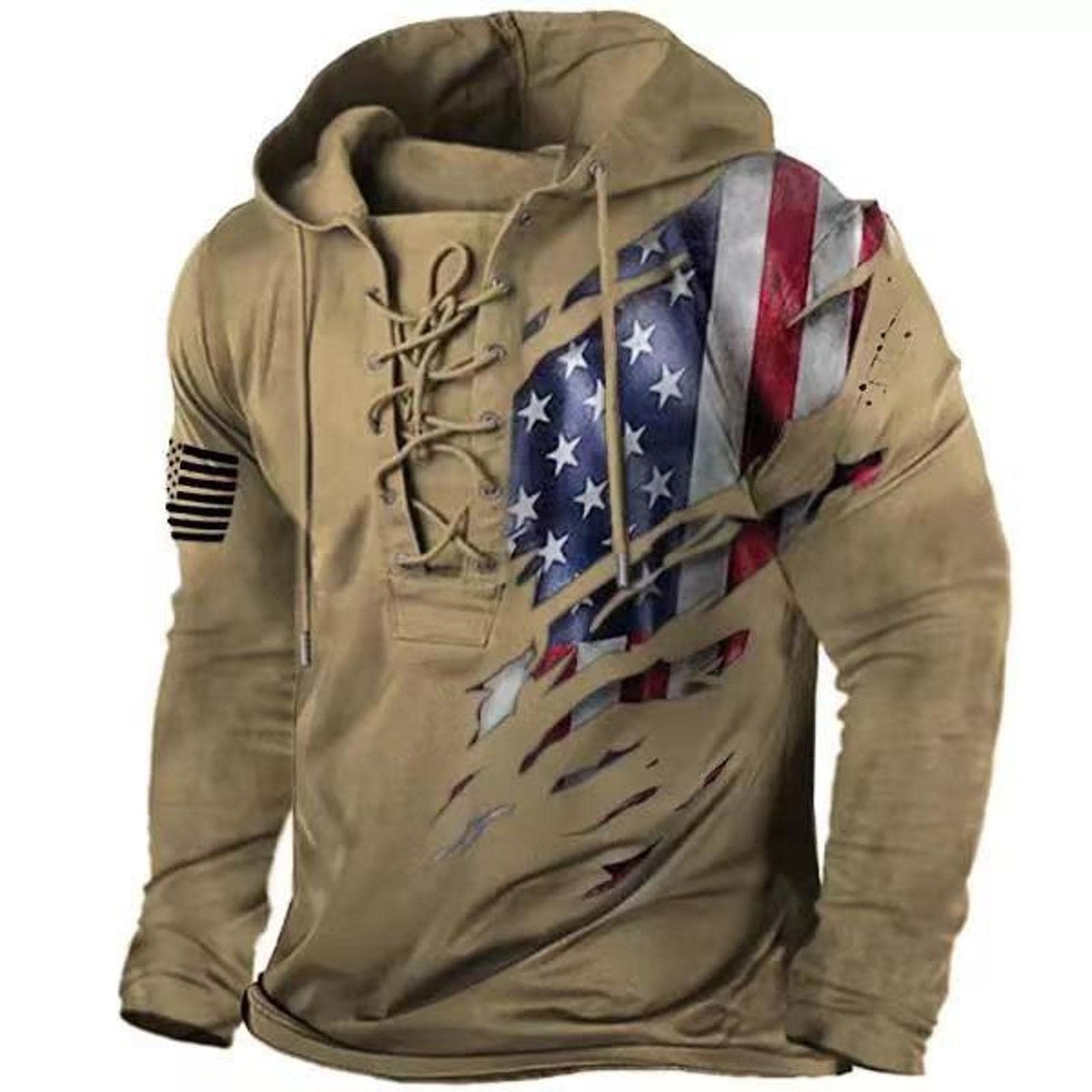 mh75-Men's Outdoor Hoodie Retro Custom American Flag Print Hooded Sweatshirt 100% cotton plain pullover oversized men's hoodie