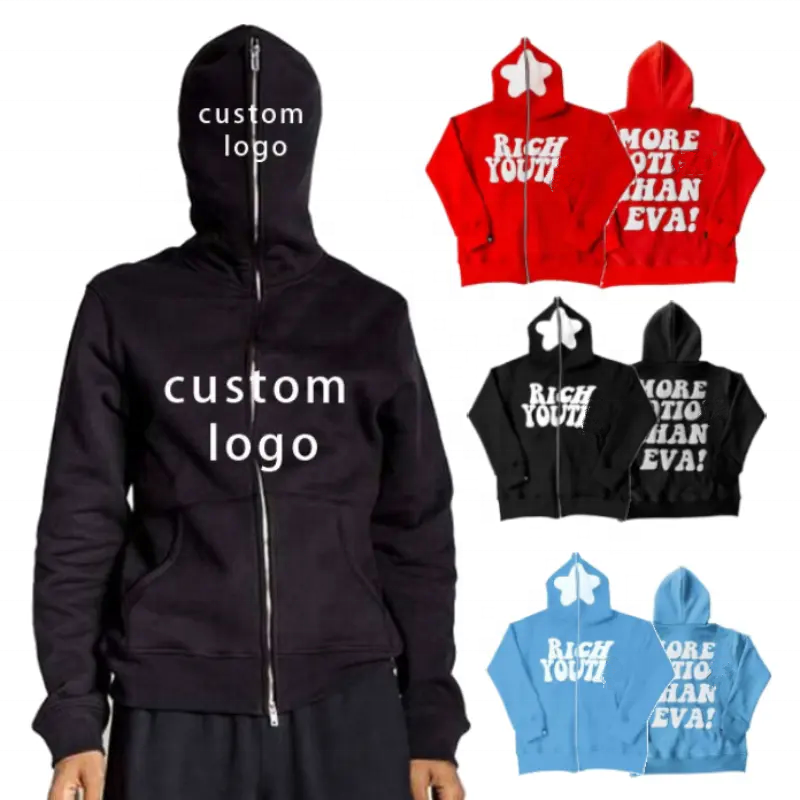 Custom Logo Cotton Heavyweight Y2K 3D Foam Printed Hoodies Jacket Men's Puff Print Oversized Full Zip Up Hoodies