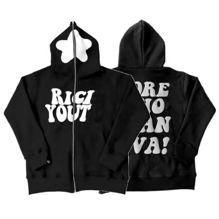 Custom Logo Cotton Heavyweight Y2K 3D Foam Printed Hoodies Jacket Men's Puff Print Oversized Full Zip Up Hoodies
