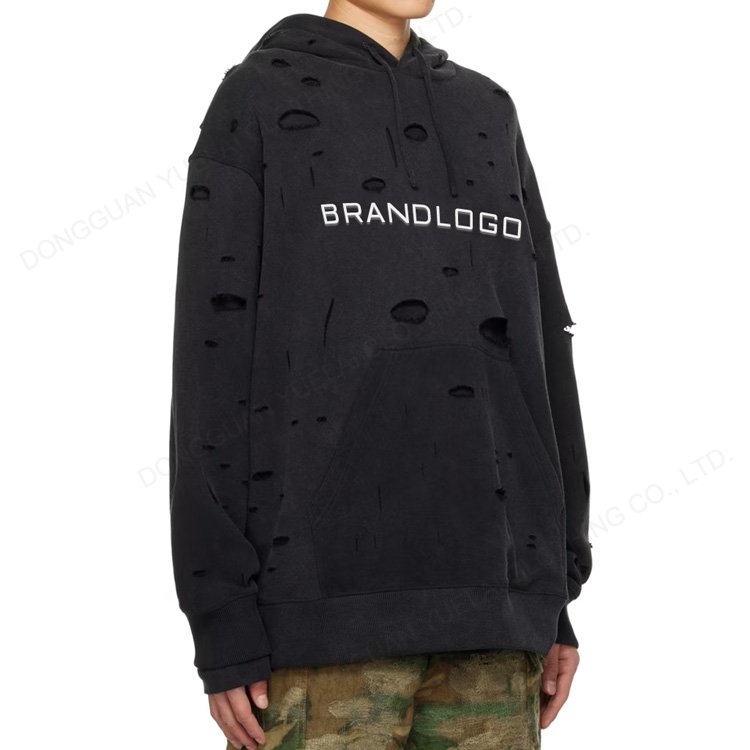 Clothing Manufacturers Custom Distressed Acid Wash Sun Faded Hoodie Vintage Black Cutout Oversized Heavyweight Men's Hoodies