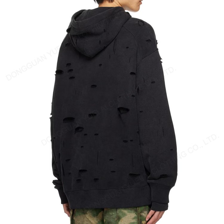 Clothing Manufacturers Custom Distressed Acid Wash Sun Faded Hoodie Vintage Black Cutout Oversized Heavyweight Men's Hoodies