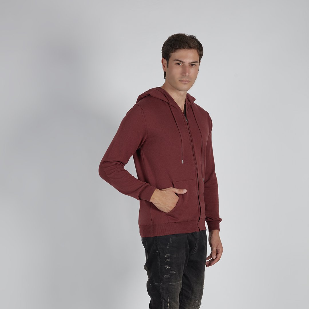 High quality full zip up hoodie for men 90% cotton 10% cachemire with lateral pockets rust color