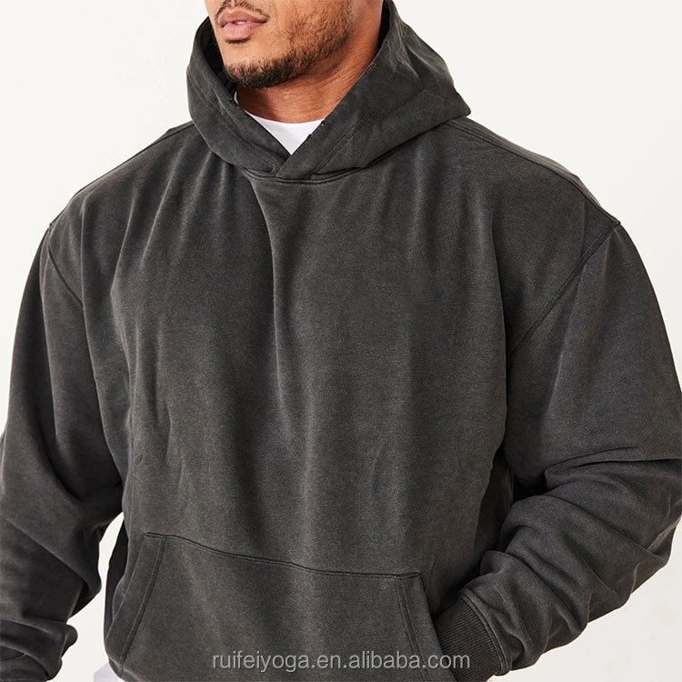 Wholesale Stone Vintage Washed Hoodie Blank Acid Wash Black Oversized Pullover Hoodie Heavyweight Cotton French Terry Men Hoodie