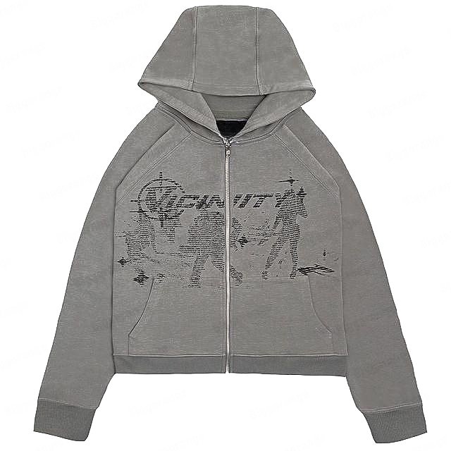 Hot sale acid wash zip up hoodie Personality street Harajuku anime print custom full zip hoodies