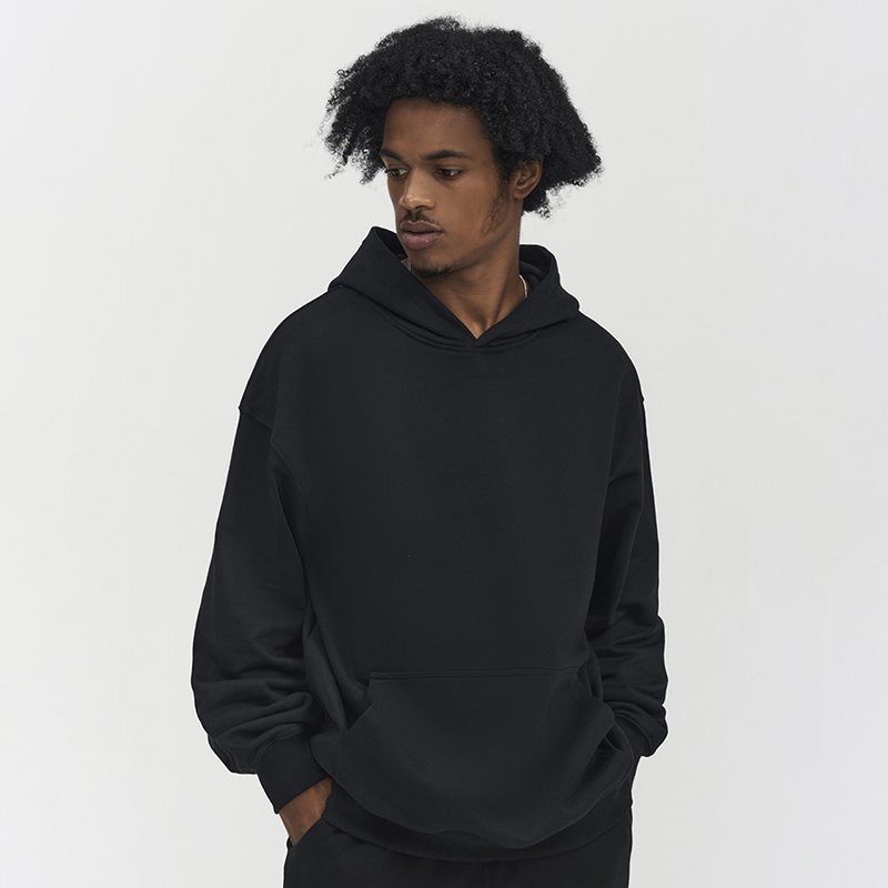Men's Oversized Drop Shoulder Custom Logo Plain Hoody Sweatshirts 440G Cotton Plain Black Pullover Hoodies