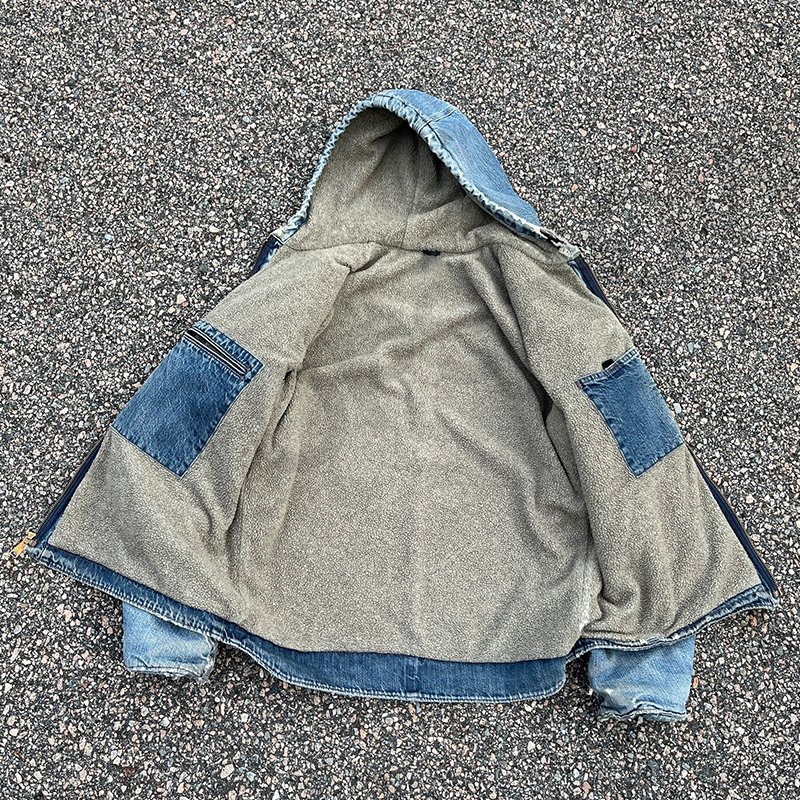 High Quality Fleece Hoodie For Men Denim Zip Up Casual Sweatshirt Men's Heavyweight Jeans Jackets