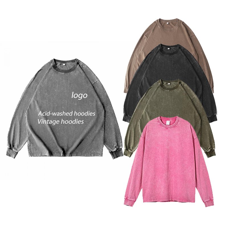 Vintage Acid Washed Long Sleeve T-Shirt For Men Dtg Printing Graphic Men's T-Shirt Oversize Casual Heavy Cotton 230g T-Shirt