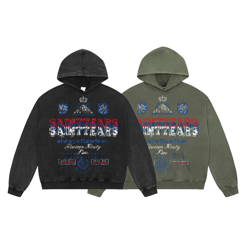 Manufacturer High Quality Heavyweight Streetwear Cotton Oversized Vintage Wash Print Saint Tears Terry Men's Hoodies&Sweatshirts