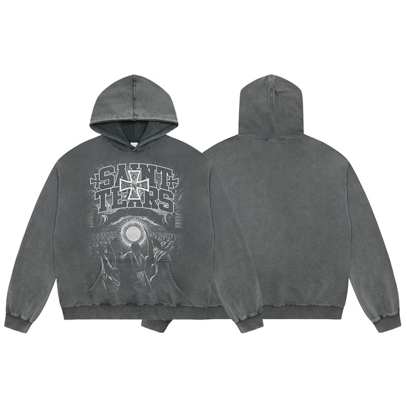 Manufacturer High Quality Heavyweight Streetwear Cotton Oversized Vintage Wash Print Saint Tears Terry Men's Hoodies&Sweatshirts