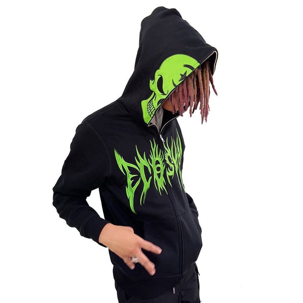 Wholesale custom men's hoodies organic cotton black cool skull street wear hoodie 3d print drop shoulder full face zip hoodie