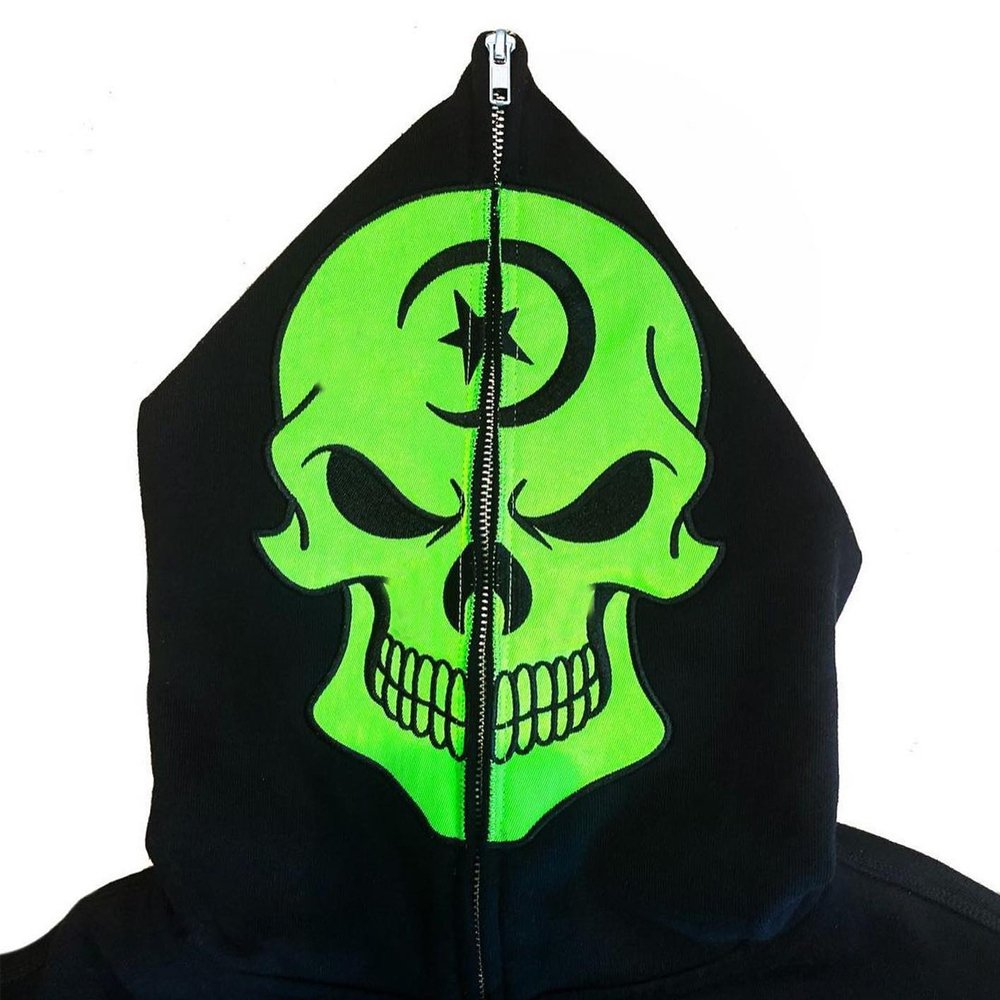 Wholesale custom men's hoodies organic cotton black cool skull street wear hoodie 3d print drop shoulder full face zip hoodie