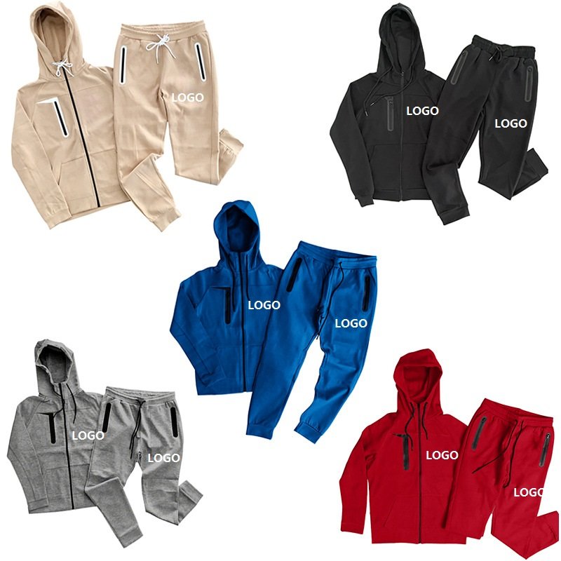 Wholesale Mens Sweat Suits Zips 2 Pieces Hoodie Set Jogging Suit Tech Fleece Track Suit Custom Logo Jacket Tracksuits For Men