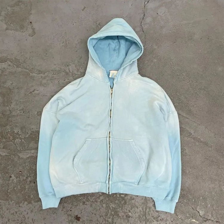Vintage Acid Washed 100% Thick Cotton Men's Distressed Hoodie Baby Blue Bulk Plain French Terry Oversized Stonewashed with Hood