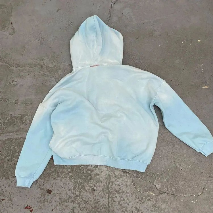 Vintage Acid Washed 100% Thick Cotton Men's Distressed Hoodie Baby Blue Bulk Plain French Terry Oversized Stonewashed with Hood