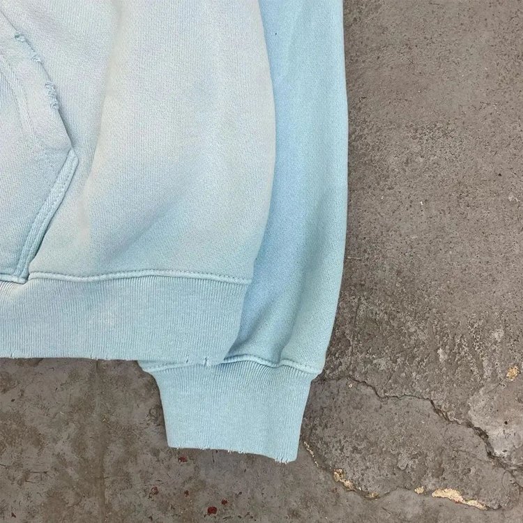 Vintage Acid Washed 100% Thick Cotton Men's Distressed Hoodie Baby Blue Bulk Plain French Terry Oversized Stonewashed with Hood