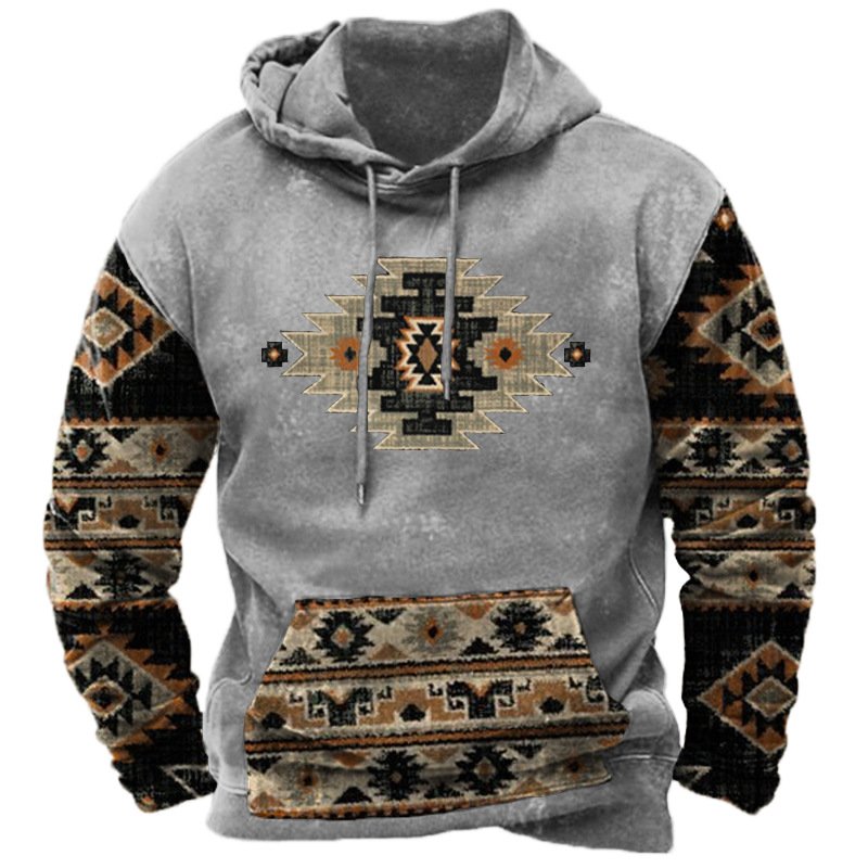 2024 Fashion Plus Size Men Pullover Hooded Vintage Aztec Pattern Clothing Print Western Sweatshirt Soft Oversized Men'S Hoodie