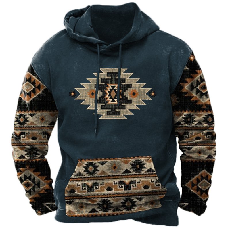 2024 Fashion Plus Size Men Pullover Hooded Vintage Aztec Pattern Clothing Print Western Sweatshirt Soft Oversized Men'S Hoodie