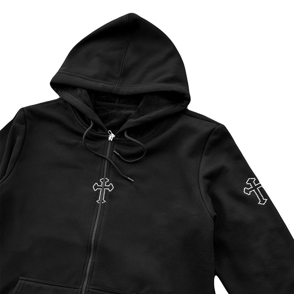 Clothing Manufacturer Custom Patch Fabric Cross Logo Oversized Full Zip Up French Terry Heavyweight Men's Hoodies