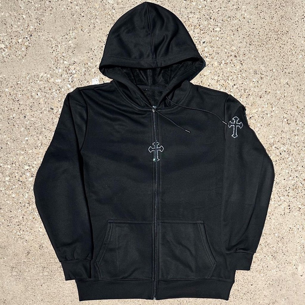 Clothing Manufacturer Custom Patch Fabric Cross Logo Oversized Full Zip Up French Terry Heavyweight Men's Hoodies