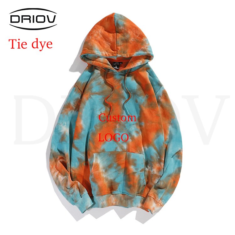 custom puff print logo Tie Dye terry hoodies Drop Shoulder Vintage Tie Dye Custom Men's Bleach Dye Pullover Hoodies