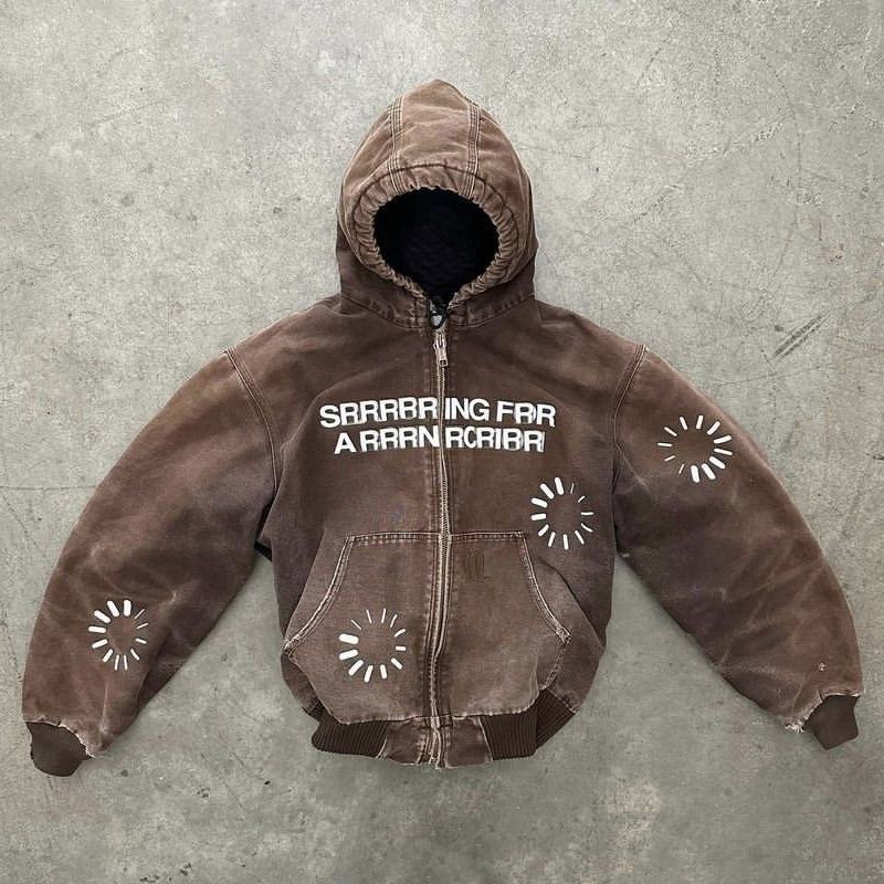 YSJY heavyweight work jacket hooded zipper up printed logo crop washed vintage jacket hoody jacket for men