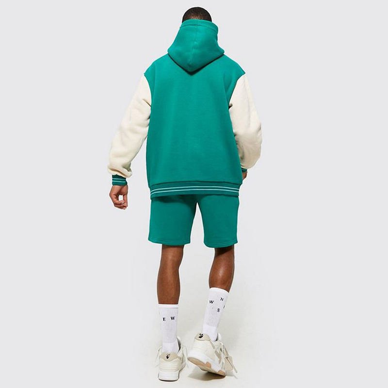High Quality Custom Fall Heavyweight Cotton Color Block Sweatsuits Men'S Hoodie And Shorts Tracksuit Set