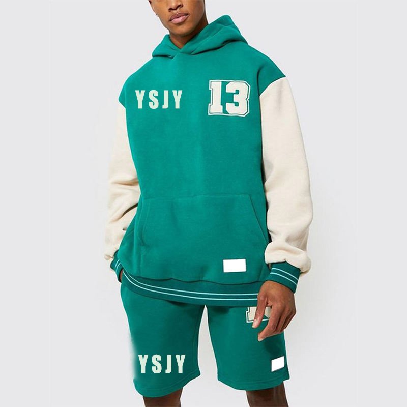 High Quality Custom Fall Heavyweight Cotton Color Block Sweatsuits Men'S Hoodie And Shorts Tracksuit Set