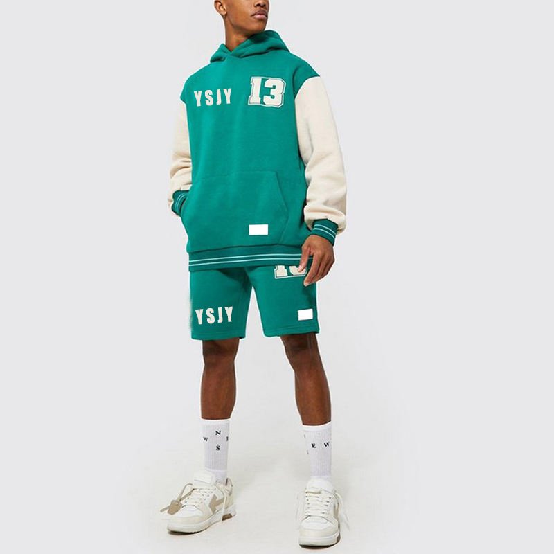 High Quality Custom Fall Heavyweight Cotton Color Block Sweatsuits Men'S Hoodie And Shorts Tracksuit Set