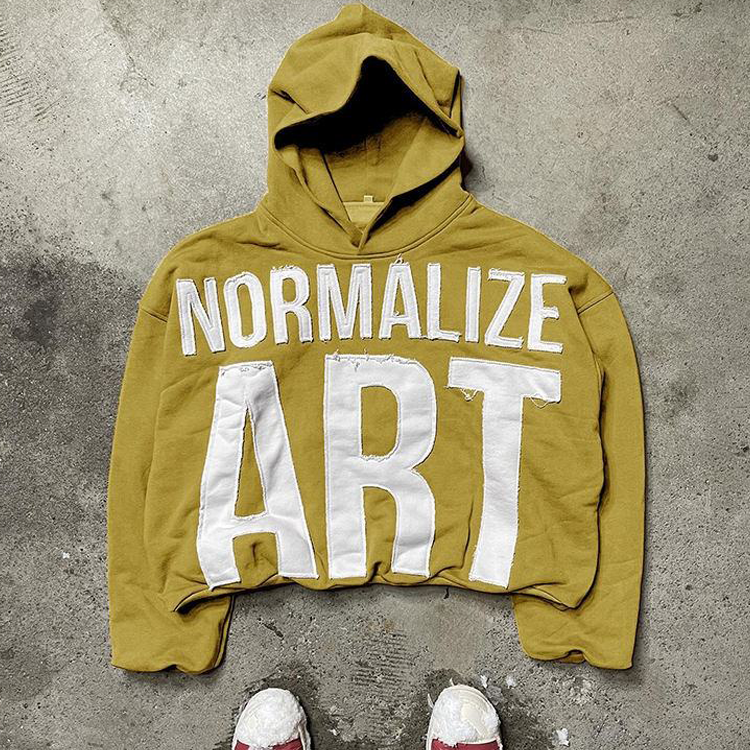 Custom Graphic 100% Cotton Heavyweight Street Wear Cropped Hoodie Men Distressed Patchwork Applique Embroidered Hoodie