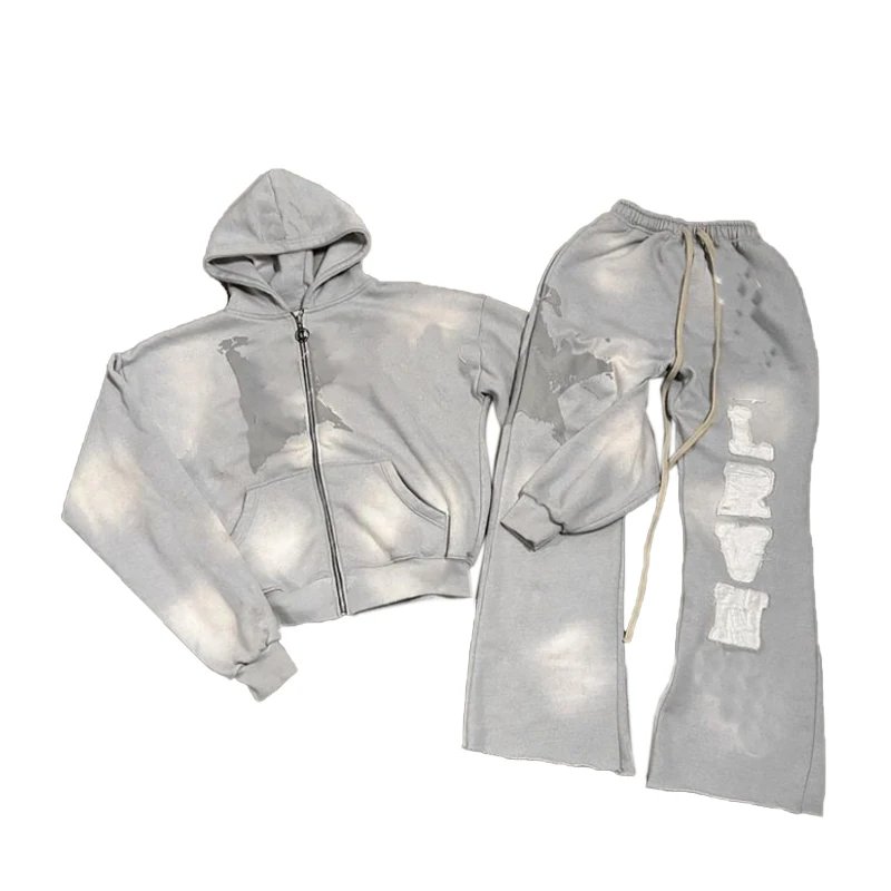 Custom Washed Zipper Hoodie Men's Oversized Blank Vintage Faded Boxy Plain Sweatshirt And Sweaterpants Set