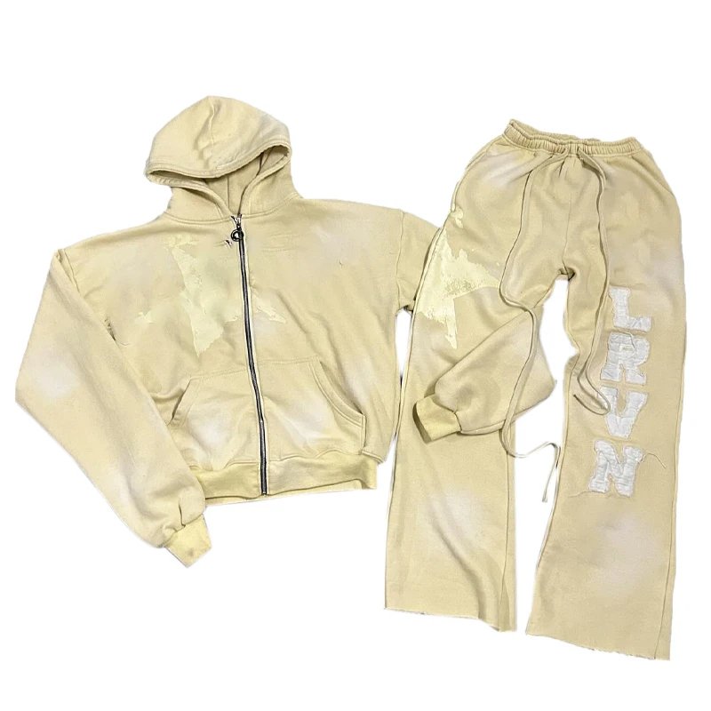Custom Washed Zipper Hoodie Men's Oversized Blank Vintage Faded Boxy Plain Sweatshirt And Sweaterpants Set