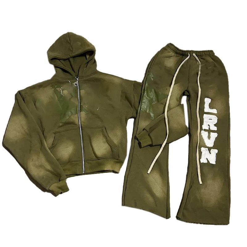 Custom Washed Zipper Hoodie Men's Oversized Blank Vintage Faded Boxy Plain Sweatshirt And Sweaterpants Set