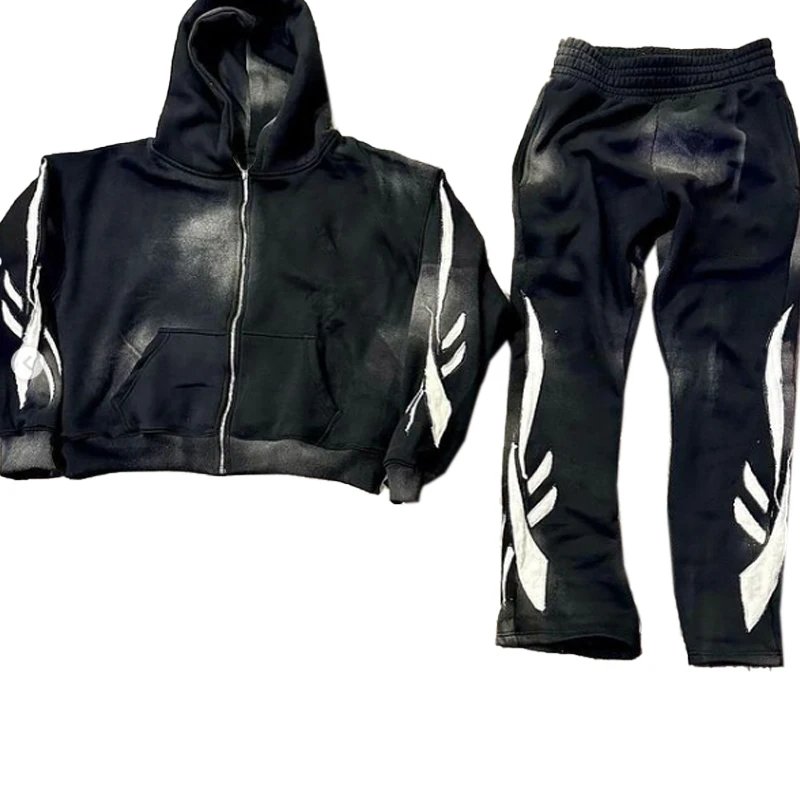 Custom Washed Zipper Hoodie Men's Oversized Blank Vintage Faded Boxy Plain Sweatshirt And Sweaterpants Set